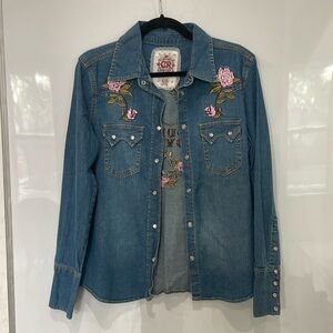 Vintage Y2K Country Royalty Studded Embroidered Bling Rhinestone Denim Top Sz S